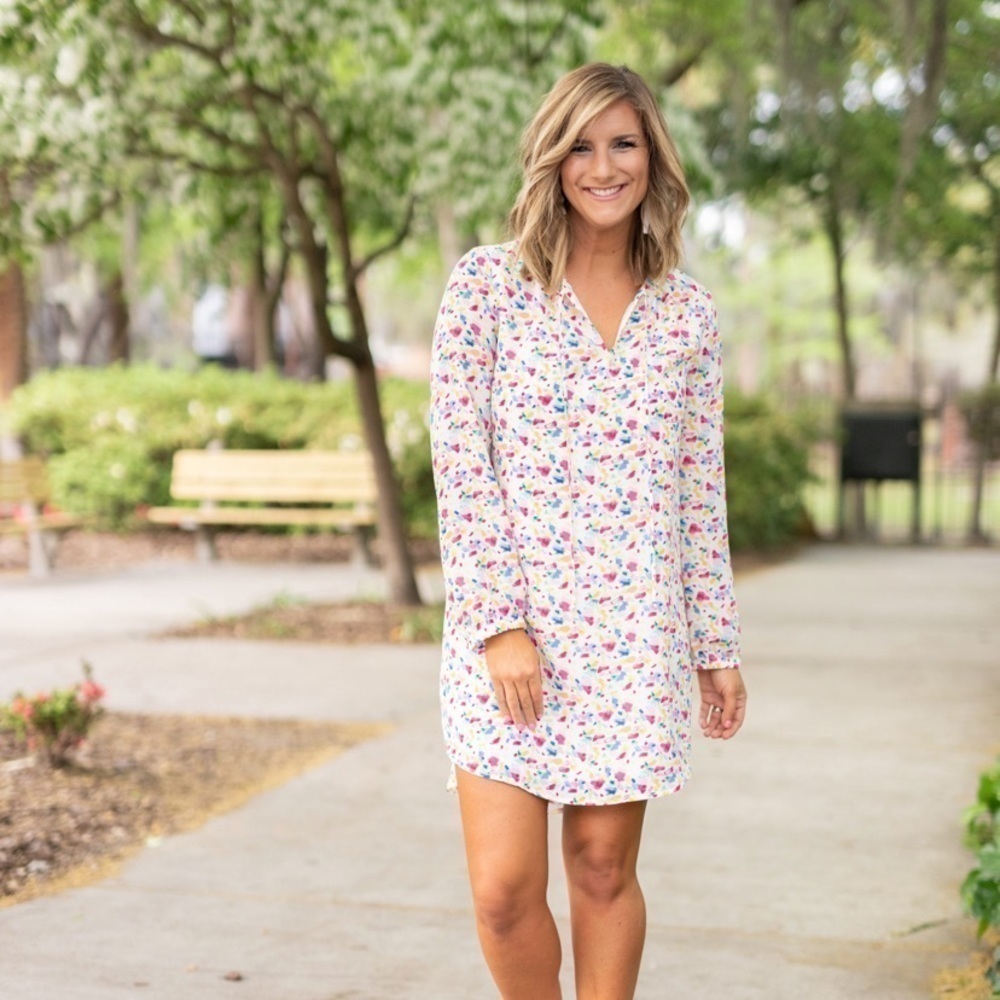 NEW Gibson | NWT Holly Long Sleeve Woven Shift Mini Dress Confetti Print Small